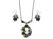 Falari Vintage Cameo Flower Hand Painted Necklace Earring Set Black