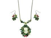 Falari Vintage Cameo Flower Hand Painted Necklace Earring Set Green
