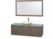 Wyndham Collection Amare 60 inch Single Bathroom Vanity in Gray Oak Green Glass Countertop Arista Ivory Marble Sink and 58 inch Mirror