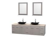 Wyndham Collection Centra 80 inch Double Bathroom Vanity in Gray Oak Ivory Marble Countertop Arista Black Granite Sinks and 24 inch Mirrors