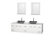 Wyndham Collection Centra 80 inch Double Bathroom Vanity in Matte White White Man Made Stone Countertop Altair Black Granite Sinks and 24 inch Mirrors