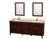Wyndham Collection Hatton 80 inch Double Bathroom Vanity in Dark Chestnut Ivory Marble Countertop Undermount Square Sinks and 24 inch Mirrors