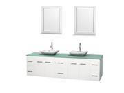 Wyndham Collection Centra 80 inch Double Bathroom Vanity in Matte White Green Glass Countertop Avalon White Carrera Marble Sinks and 24 inch Mirrors