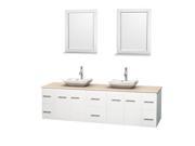 Wyndham Collection Centra 80 inch Double Bathroom Vanity in Matte White Ivory Marble Countertop Avalon White Carrera Marble Sinks and 24 inch Mirrors