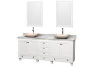 Wyndham Collection Acclaim 80 inch Double Bathroom Vanity in White White Carrera Marble Countertop Avalon Ivory Marble Sinks and 24 inch Mirrors