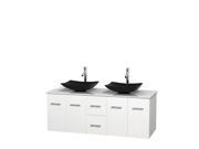 Wyndham Collection Centra 60 inch Double Bathroom Vanity in Matte White White Man Made Stone Countertop Arista Black Granite Sinks and No Mirror