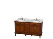 Wyndham Collection Hatton 60 inch Double Bathroom Vanity in Light Chestnut White Carrera Marble Countertop Undermount Oval Sinks and No Mirror