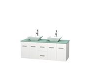 Wyndham Collection Centra 60 inch Double Bathroom Vanity in Matte White Green Glass Countertop Pyra White Porcelain Sinks and No Mirror
