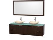 Wyndham Collection Amare 72 inch Double Bathroom Vanity in Espresso Green Glass Countertop Arista Ivory Marble Sinks and 70 inch Mirror