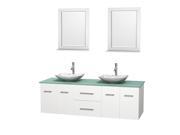 Wyndham Collection Centra 72 inch Double Bathroom Vanity in Matte White Green Glass Countertop Arista White Carrera Marble Sinks and 24 inch Mirrors