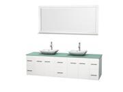 Wyndham Collection Centra 80 inch Double Bathroom Vanity in Matte White Green Glass Countertop Avalon White Carrera Marble Sinks and 70 inch Mirror