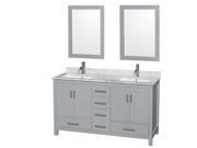 Wyndham Collection Sheffield 60 inch Double Bathroom Vanity in Gray White Carrera Marble Countertop Undermount Square Sinks and 24 inch Mirrors