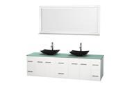 Wyndham Collection Centra 80 inch Double Bathroom Vanity in Matte White Green Glass Countertop Arista Black Granite Sinks and 70 inch Mirror