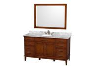 Wyndham Collection Hatton 60 inch Single Bathroom Vanity in Light Chestnut White Carrera Marble Countertop Undermount Oval Sink and 44 inch Mirror