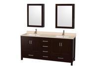 Wyndham Collection Sheffield 72 inch Double Bathroom Vanity in Espresso Ivory Marble Countertop Undermount Square Sinks and Medicine Cabinets