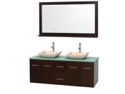 Wyndham Collection Centra 60 inch Double Bathroom Vanity in Espresso Green Glass Countertop Avalon Ivory Marble Sinks and 58 inch Mirror