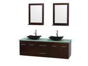Wyndham Collection Centra 72 inch Double Bathroom Vanity in Espresso Green Glass Countertop Arista Black Granite Sinks and 24 inch Mirrors