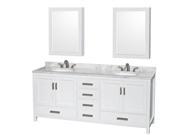 Wyndham Collection Sheffield 80 inch Double Bathroom Vanity in White White Carrera Marble Countertop Undermount Oval Sinks and Medicine Cabinets