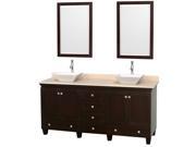 Wyndham Collection Acclaim 72 inch Double Bathroom Vanity in Espresso Ivory Marble Countertop Pyra White Sinks and 24 inch Mirrors