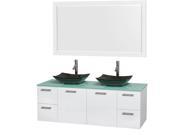 Wyndham Collection Amare 60 inch Double Bathroom Vanity in Glossy White Green Glass Countertop Arista Black Granite Sinks and 58 inch Mirror