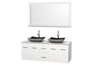 Wyndham Collection Centra 60 inch Double Bathroom Vanity in Matte White White Carrera Marble Countertop Altair Black Granite Sinks and 58 inch Mirror