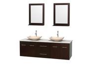 Wyndham Collection Centra 72 inch Double Bathroom Vanity in Espresso White Carrera Marble Countertop Arista Ivory Marble Sinks and 24 inch Mirrors