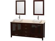 Wyndham Collection Lucy 72 inch Double Bathroom Vanity in Espresso Ivory Marble Countertop Carrera Marble Sinks and 24 inch Mirrors