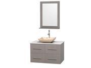Wyndham Collection Centra 36 inch Single Bathroom Vanity in Gray Oak White Man Made Stone Countertop Avalon Ivory Marble Sink and 24 inch Mirror