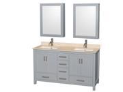 Wyndham Collection Sheffield 60 inch Double Bathroom Vanity in Gray Ivory Marble Countertop Undermount Square Sinks and Medicine Cabinets