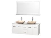 Wyndham Collection Centra 60 inch Double Bathroom Vanity in Matte White White Carrera Marble Countertop Avalon Ivory Marble Sinks and 58 inch Mirror
