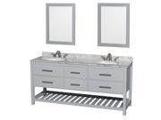Wyndham Collection Natalie 72 inch Double Bathroom Vanity in Gray White Carrera Marble Countertop Undermount Oval sinks and 24 inch Mirrors