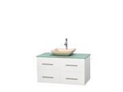 Wyndham Collection Centra 42 inch Single Bathroom Vanity in Matte White Green Glass Countertop Avalon Ivory Marble Sink and No Mirror