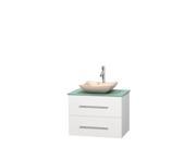 Wyndham Collection Centra 30 inch Single Bathroom Vanity in Matte White Green Glass Countertop Avalon Ivory Marble Sink and No Mirror