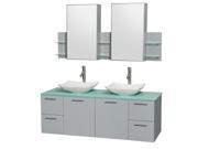 Wyndham Collection Amare 60 inch Double Bathroom Vanity in Dove Gray Green Glass Countertop Arista White Carrera Marble Sinks and Medicine Cabinet