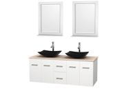 Wyndham Collection Centra 60 inch Double Bathroom Vanity in Matte White Ivory Marble Countertop Arista Black Granite Sinks and 24 inch Mirrors