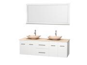 Wyndham Collection Centra 72 inch Double Bathroom Vanity in Matte White Ivory Marble Countertop Arista Ivory Marble Sinks and 70 inch Mirror