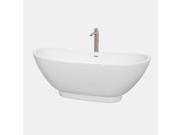 Wyndham Collection Clara 69 inch Freestanding Bathtub in White with Floor Mounted Faucet Drain and Overflow Trim in Brushed Nickel