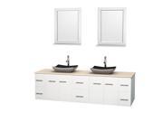 Wyndham Collection Centra 80 inch Double Bathroom Vanity in Matte White Ivory Marble Countertop Altair Black Granite Sinks and 24 inch Mirrors