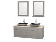 Wyndham Collection Centra 60 inch Double Bathroom Vanity in Gray Oak Ivory Marble Countertop Altair Black Granite Sinks and 24 inch Mirrors