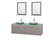 Wyndham Collection Centra 72 inch Double Bathroom Vanity in Gray Oak Green Glass Countertop Arista White Carrera Marble Sinks and 24 inch Mirrors
