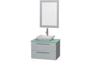 Wyndham Collection Amare 30 inch Single Bathroom Vanity in Dove Gray Green Glass Countertop Avalon White Carrera Marble Sink and 24 inch Mirror