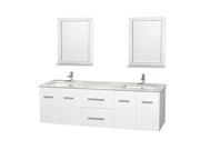 Wyndham Collection Centra 72 inch Double Bathroom Vanity in Matte White White Carrera Marble Countertop Undermount Square Sink and 24 inch Mirrors