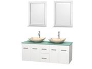 Wyndham Collection Centra 60 inch Double Bathroom Vanity in Matte White Green Glass Countertop Arista Ivory Marble Sinks and 24 inch Mirrors