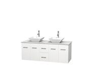 Wyndham Collection Centra 60 inch Double Bathroom Vanity in Matte White White Carrera Marble Countertop Pyra White Porcelain Sinks and No Mirror