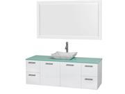 Wyndham Collection Amare 60 inch Single Bathroom Vanity in Glossy White Green Glass Countertop Avalon White Carrera Marble Sink and 58 inch Mirror