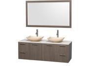 Wyndham Collection Amare 60 inch Double Bathroom Vanity in Gray Oak White Man Made Stone Countertop Arista Ivory Marble Sinks and 58 inch Mirror