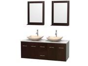 Wyndham Collection Centra 60 inch Double Bathroom Vanity in Espresso White Carrera Marble Countertop Arista Ivory Marble Sinks and 24 inch Mirrors