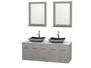 Wyndham Collection Centra 60 inch Double Bathroom Vanity in Gray Oak White Carrera Marble Countertop Altair Black Granite Sinks and 24 inch Mirrors