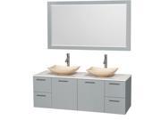 Wyndham Collection Amare 60 inch Double Bathroom Vanity in Dove Gray White Man Made Stone Countertop Arista Ivory Marble Sinks and 58 inch Mirror