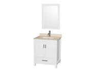 Wyndham Collection Sheffield 30 inch Single Bathroom Vanity in White Ivory Marble Countertop Undermount Square Sink and 24 inch Mirror